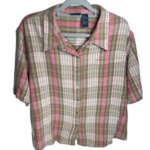 Plaid Button Up Flannel Shirt Women 24W Pink Brown Short Sleeve Route 66 Earthy